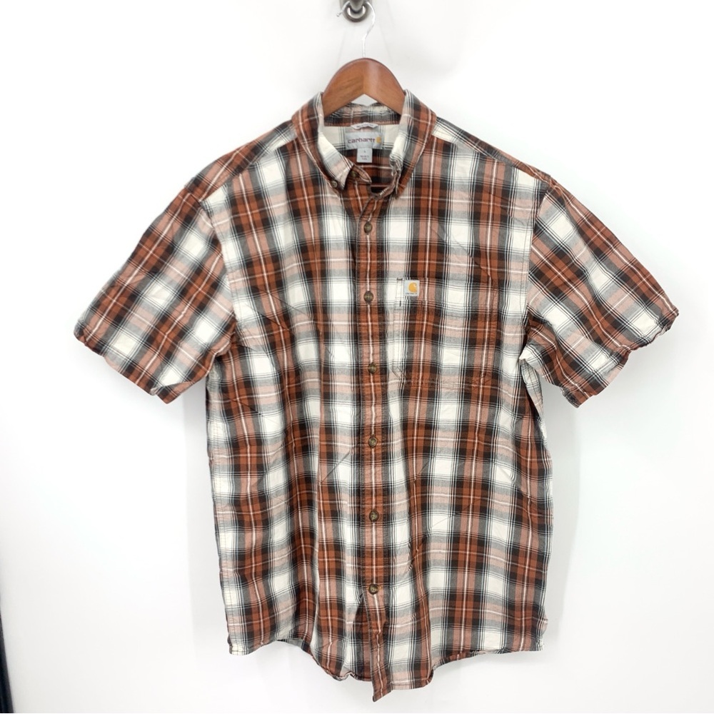 Carhartt Men Size Large Shirt Short Sleeve Top Relaxed Fit Brown Checkered Plaid